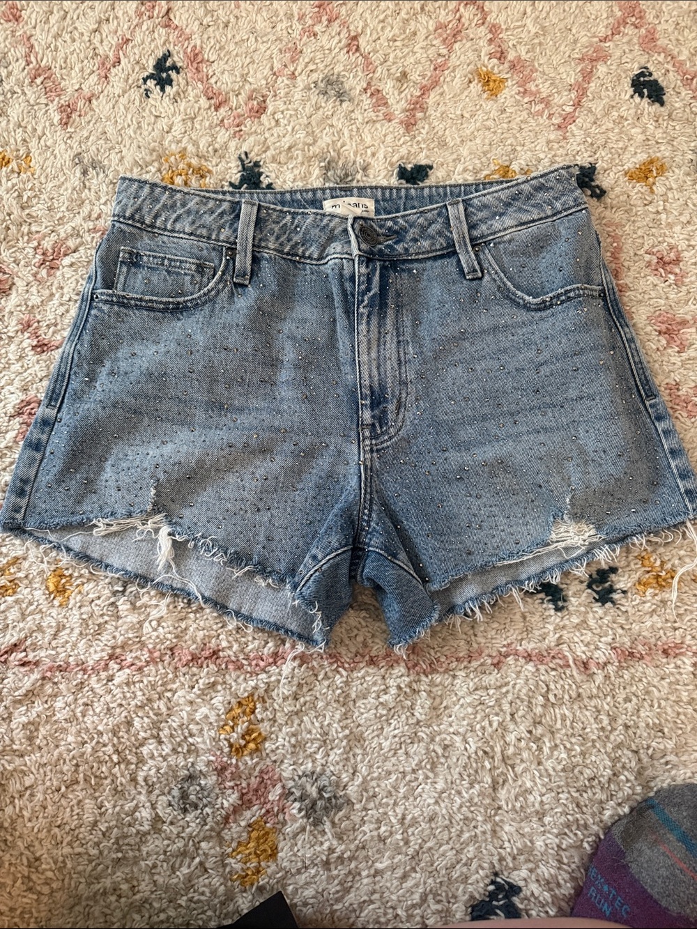 Distressed studded Light Blue High-Rise Jean Shorts